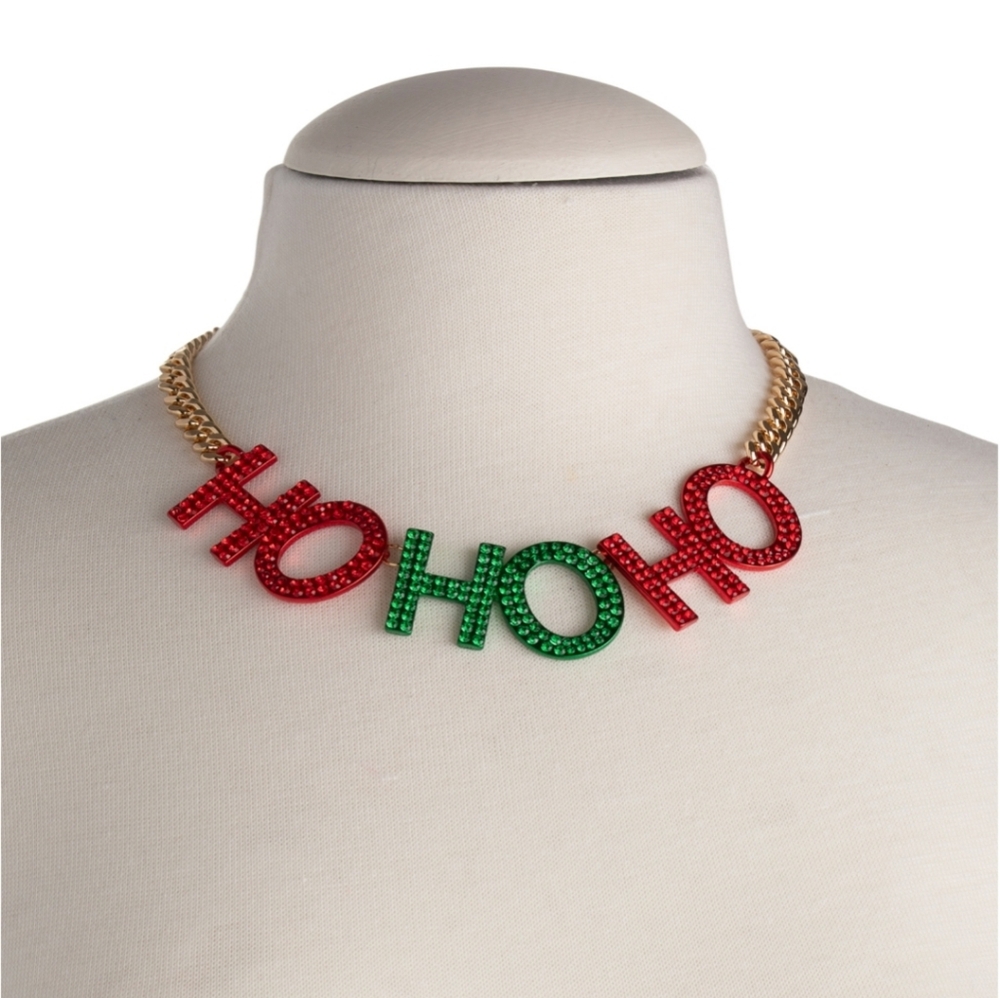 Betsey Johnson Gold Necklace with Red and Green Ho Ho Ho NWT - Picture 2 of 2